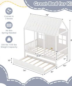Giantex Twin House Bed with Trundle, Kids Bed Frame with 82 Tall Roof, Windows and Guardrail, Wooden Playhouse Bed for Teens Boys Girls Bedroom, No Box Spring Needed - 2