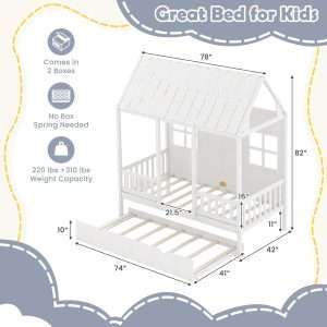 Giantex Twin House Bed with Trundle, Kids Bed Frame with 82 Tall Roof, Windows and Guardrail, Wooden Playhouse Bed for Teens Boys Girls Bedroom, No Box Spring Needed - 2