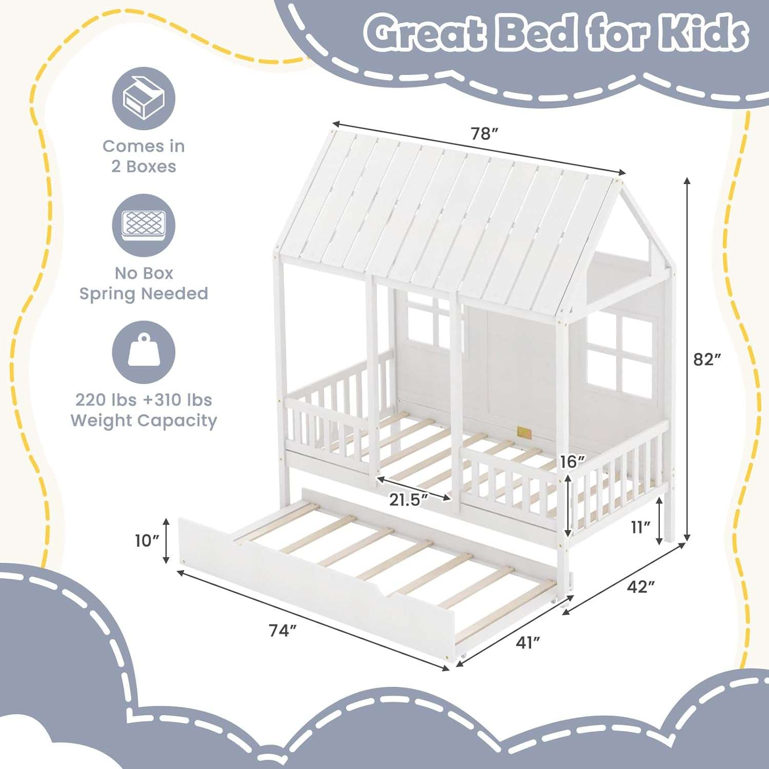 Giantex Twin House Bed with Trundle, Kids Bed Frame with 82 Tall Roof, Windows and Guardrail, Wooden Playhouse Bed for Teens Boys Girls Bedroom, No Box Spring Needed - 2