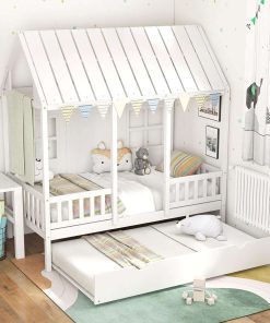 Giantex Twin House Bed with Trundle, Kids Bed Frame with 82 Tall Roof, Windows and Guardrail, Wooden Playhouse Bed for Teens Boys Girls Bedroom, No Box Spring Needed - 3