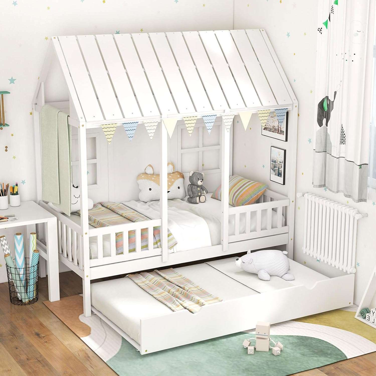 Giantex Twin House Bed with Trundle, Kids Bed Frame with 82 Tall Roof, Windows and Guardrail, Wooden Playhouse Bed for Teens Boys Girls Bedroom, No Box Spring Needed - 3