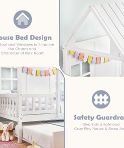 Giantex Twin House Bed with Trundle, Kids Bed Frame with 82 Tall Roof, Windows and Guardrail, Wooden Playhouse Bed for Teens Boys Girls Bedroom, No Box Spring Needed - 6