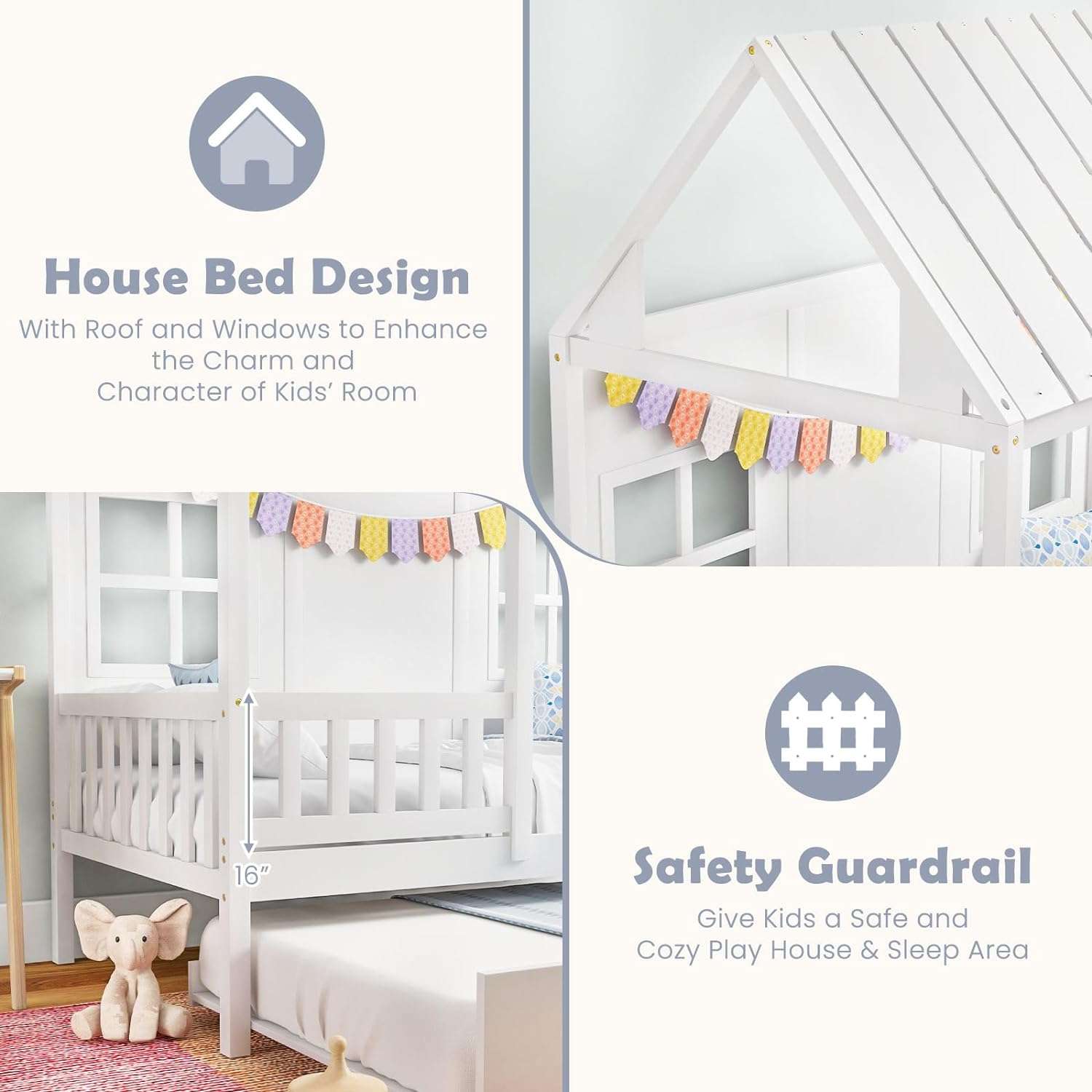 Giantex Twin House Bed with Trundle, Kids Bed Frame with 82 Tall Roof, Windows and Guardrail, Wooden Playhouse Bed for Teens Boys Girls Bedroom, No Box Spring Needed - 6