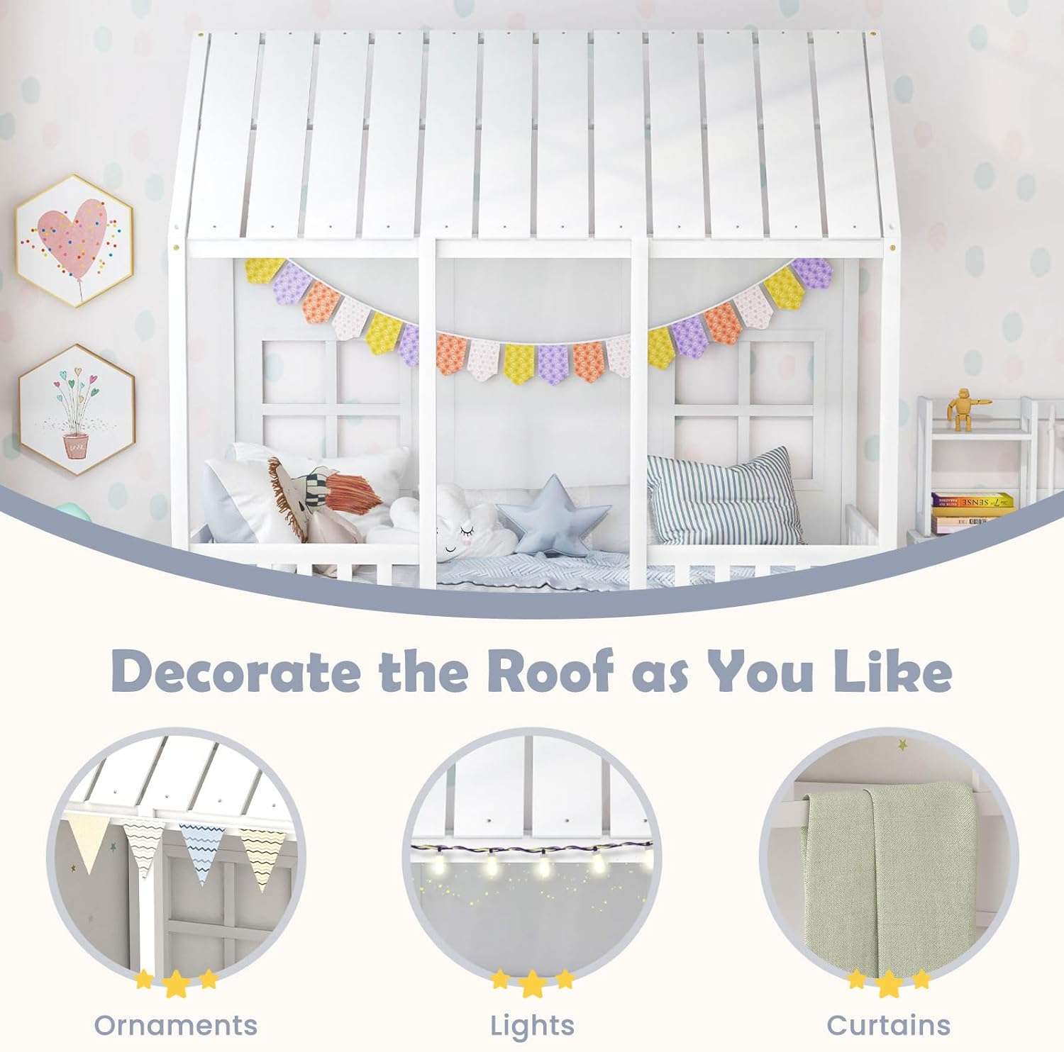 Giantex Twin House Bed with Trundle, Kids Bed Frame with 82 Tall Roof, Windows and Guardrail, Wooden Playhouse Bed for Teens Boys Girls Bedroom, No Box Spring Needed - 7