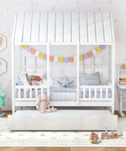 Giantex Twin House Bed with Trundle, Kids Bed Frame with 82 Tall Roof, Windows and Guardrail, Wooden Playhouse Bed for Teens Boys Girls Bedroom, No Box Spring Needed - 8