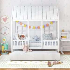 Giantex Twin House Bed with Trundle, Kids Bed Frame with 82 Tall Roof, Windows and Guardrail, Wooden Playhouse Bed for Teens Boys Girls Bedroom, No Box Spring Needed - 8