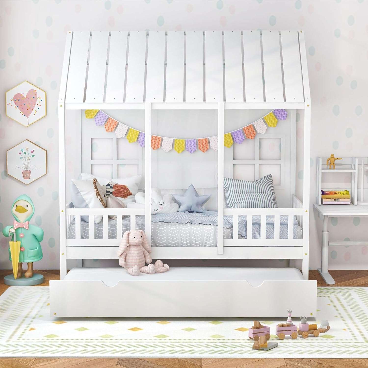 Giantex Twin House Bed with Trundle, Kids Bed Frame with 82 Tall Roof, Windows and Guardrail, Wooden Playhouse Bed for Teens Boys Girls Bedroom, No Box Spring Needed - 8