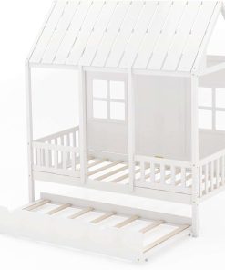 Giantex Twin House Bed with Trundle, Kids Bed Frame with 82 Tall Roof, Windows and Guardrail, Wooden Playhouse Bed for Teens Boys Girls Bedroom, No Box Spring Needed - 9