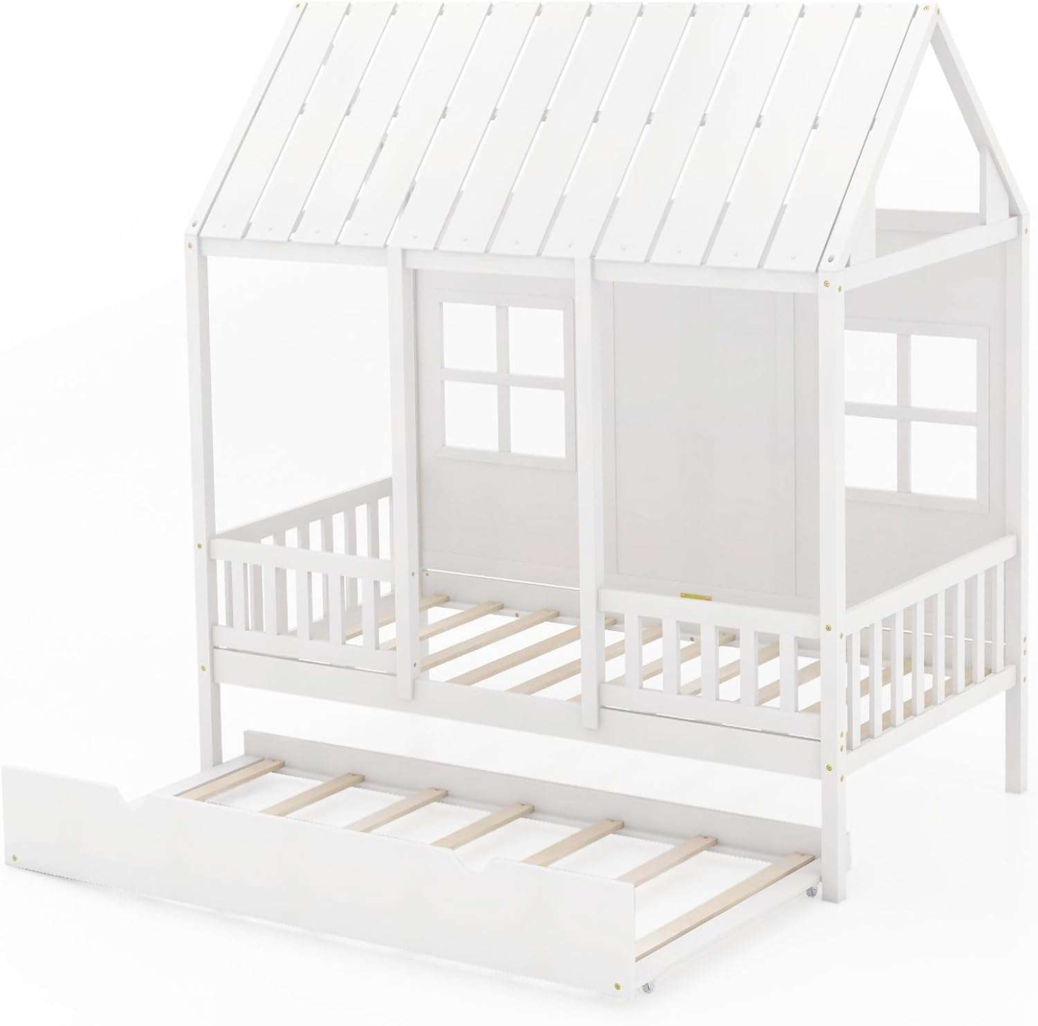 Giantex Twin House Bed with Trundle, Kids Bed Frame with 82 Tall Roof, Windows and Guardrail, Wooden Playhouse Bed for Teens Boys Girls Bedroom, No Box Spring Needed - 9