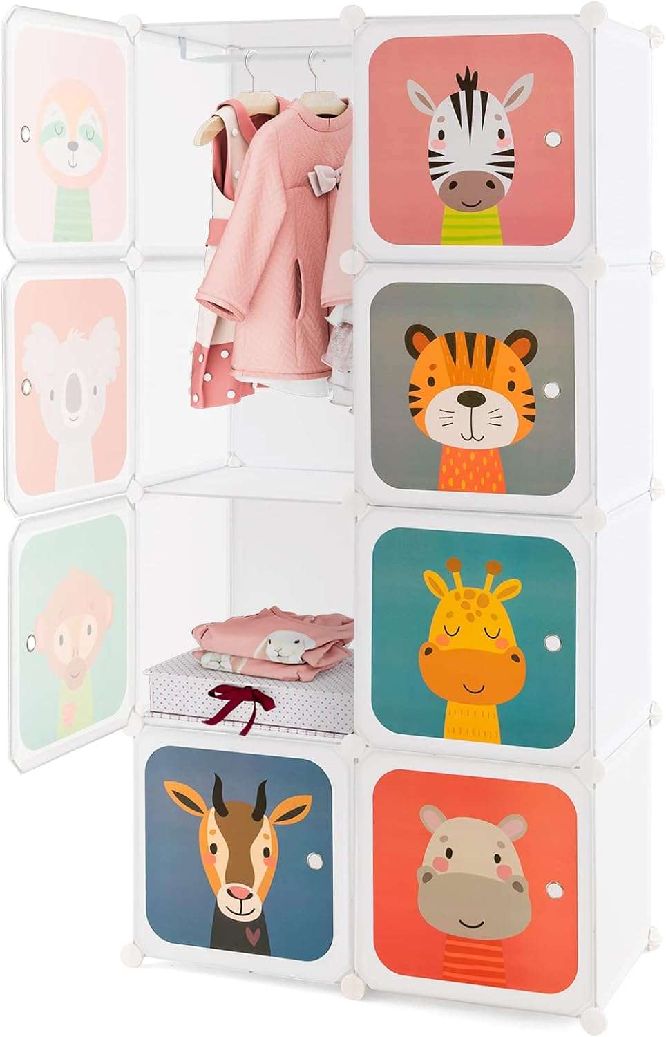 HONEY JOY Kids Wardrobe Closet, Baby Cartoon Clothes Storage Organizer, 8 Cubes & 2 Hanging Sections, Portable Children DIY Modular Bedroom Armoire Dresser Cabinet - 1