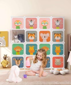 HONEY JOY Kids Wardrobe Closet, Baby Cartoon Clothes Storage Organizer, 8 Cubes & 2 Hanging Sections, Portable Children DIY Modular Bedroom Armoire Dresser Cabinet - 2