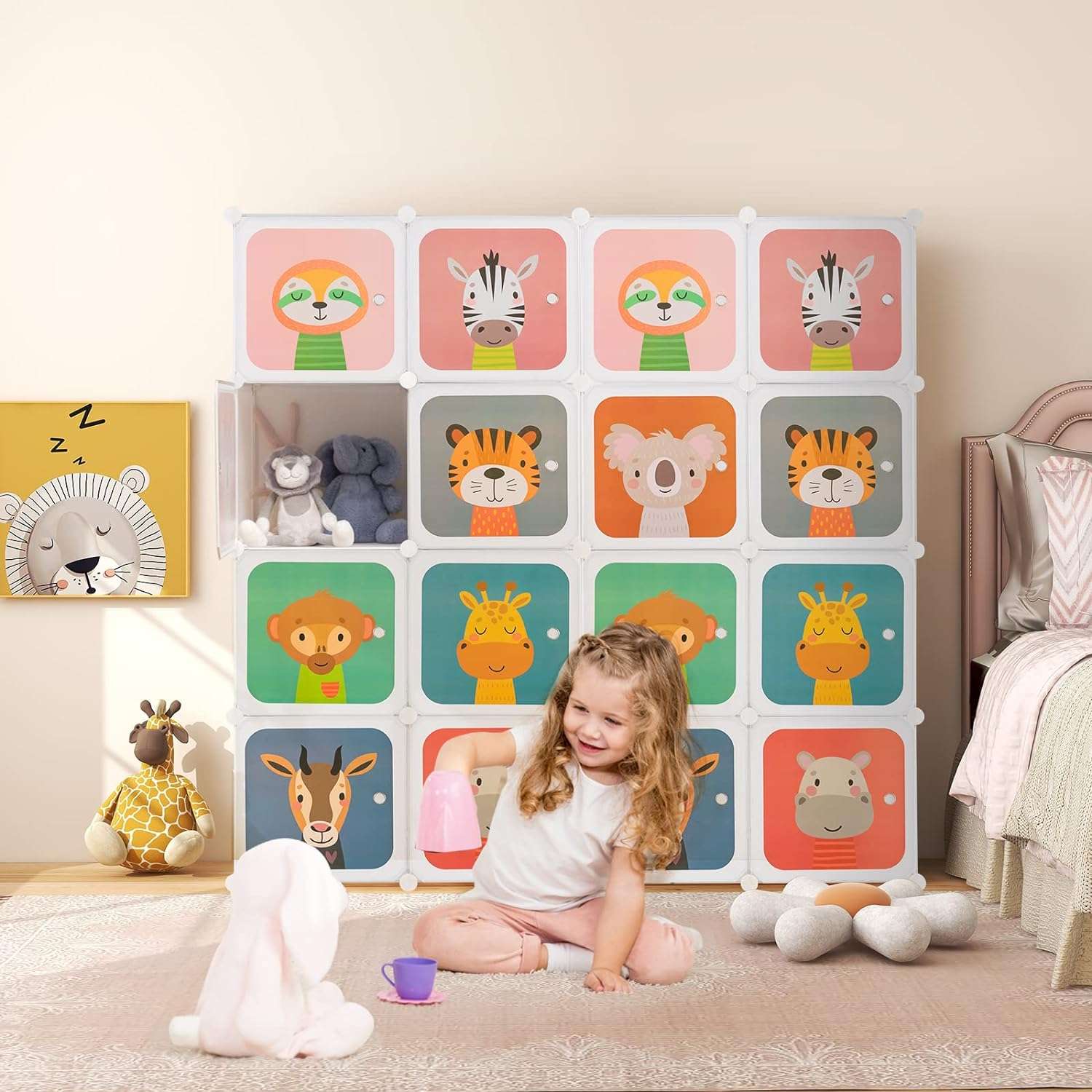 HONEY JOY Kids Wardrobe Closet, Baby Cartoon Clothes Storage Organizer, 8 Cubes & 2 Hanging Sections, Portable Children DIY Modular Bedroom Armoire Dresser Cabinet - 2