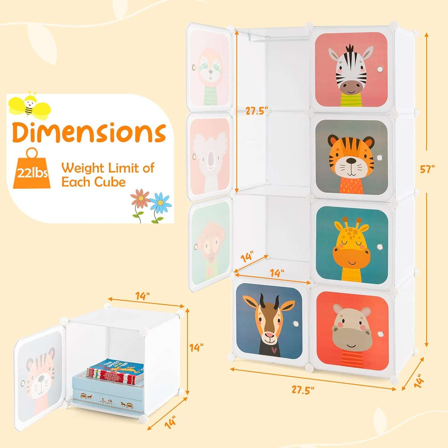HONEY JOY Kids Wardrobe Closet, Baby Cartoon Clothes Storage Organizer, 8 Cubes & 2 Hanging Sections, Portable Children DIY Modular Bedroom Armoire Dresser Cabinet - 3