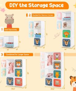 HONEY JOY Kids Wardrobe Closet, Baby Cartoon Clothes Storage Organizer, 8 Cubes & 2 Hanging Sections, Portable Children DIY Modular Bedroom Armoire Dresser Cabinet - 6
