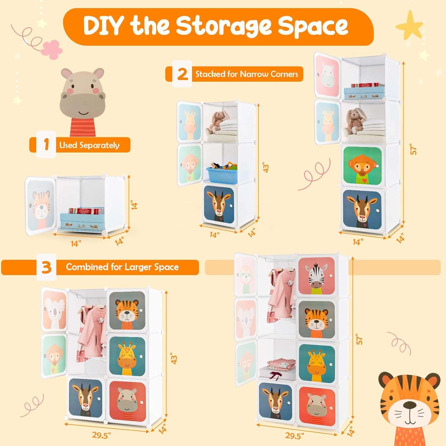HONEY JOY Kids Wardrobe Closet, Baby Cartoon Clothes Storage Organizer, 8 Cubes & 2 Hanging Sections, Portable Children DIY Modular Bedroom Armoire Dresser Cabinet - 6