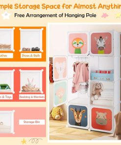 HONEY JOY Kids Wardrobe Closet, Baby Cartoon Clothes Storage Organizer, 8 Cubes & 2 Hanging Sections, Portable Children DIY Modular Bedroom Armoire Dresser Cabinet - 8