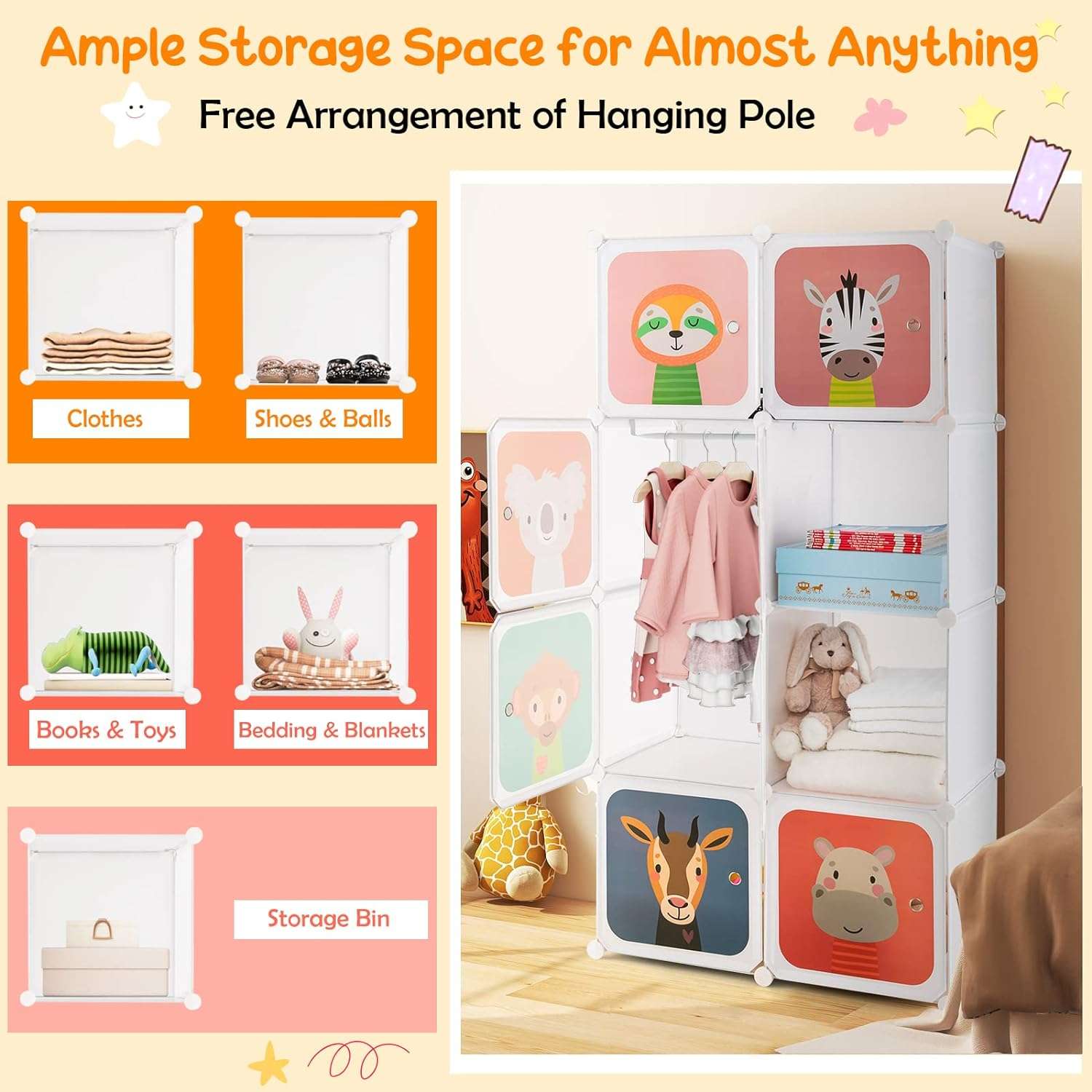 HONEY JOY Kids Wardrobe Closet, Baby Cartoon Clothes Storage Organizer, 8 Cubes & 2 Hanging Sections, Portable Children DIY Modular Bedroom Armoire Dresser Cabinet - 8