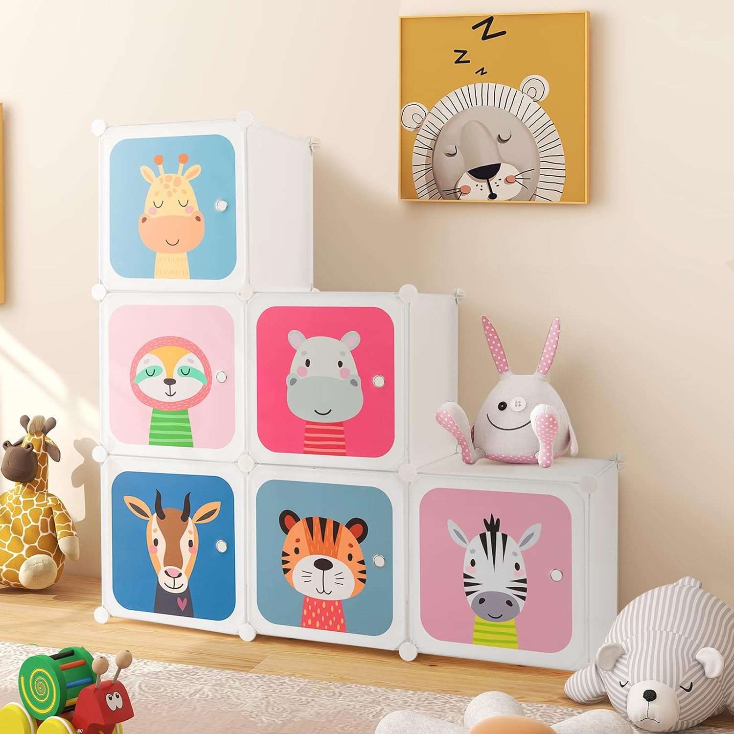 HONEY JOY Kids Wardrobe Closet, Baby Cartoon Clothes Storage Organizer, 8 Cubes & 2 Hanging Sections, Portable Children DIY Modular Bedroom Armoire Dresser Cabinet - 9