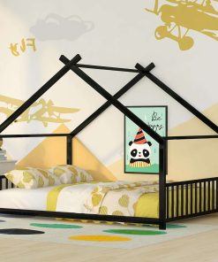House Beds for Kids, Full Size Floor Bed Frame Metal Montessori Beds with Headboard & Footboard for Children Boys Girls Teens, Black - 1