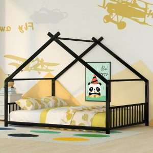 House Beds for Kids, Full Size Floor Bed Frame Metal Montessori Beds with Headboard & Footboard for Children Boys Girls Teens, Black - 1
