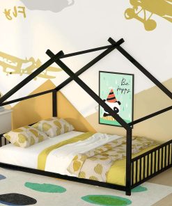 House Beds for Kids, Full Size Floor Bed Frame Metal Montessori Beds with Headboard & Footboard for Children Boys Girls Teens, Black - 2