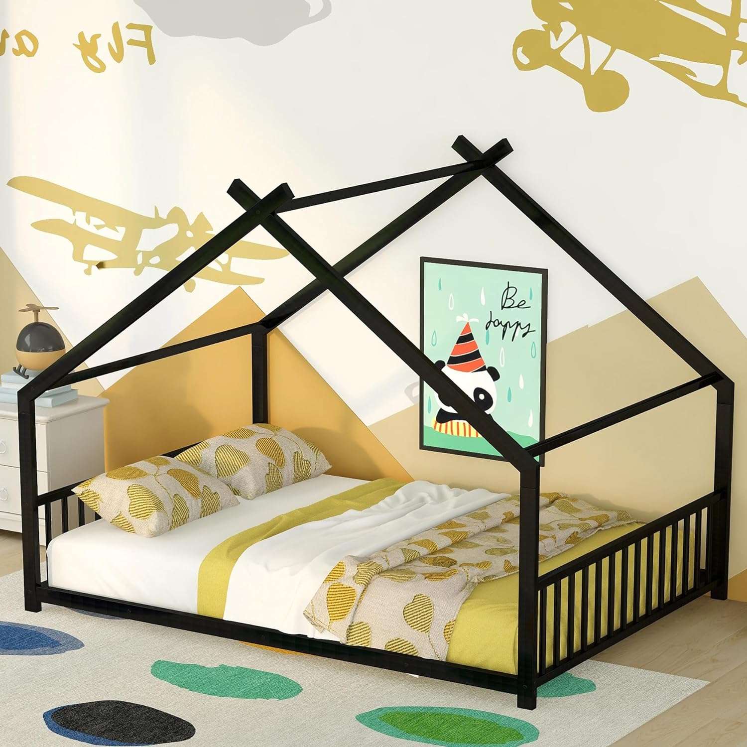House Beds for Kids, Full Size Floor Bed Frame Metal Montessori Beds with Headboard & Footboard for Children Boys Girls Teens, Black - 2