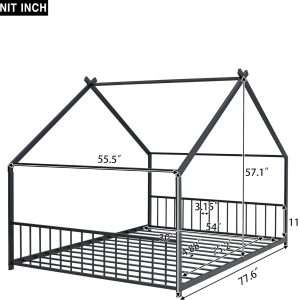 House Beds for Kids, Full Size Floor Bed Frame Metal Montessori Beds with Headboard & Footboard for Children Boys Girls Teens, Black - 3