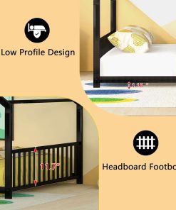 House Beds for Kids, Full Size Floor Bed Frame Metal Montessori Beds with Headboard & Footboard for Children Boys Girls Teens, Black - 5