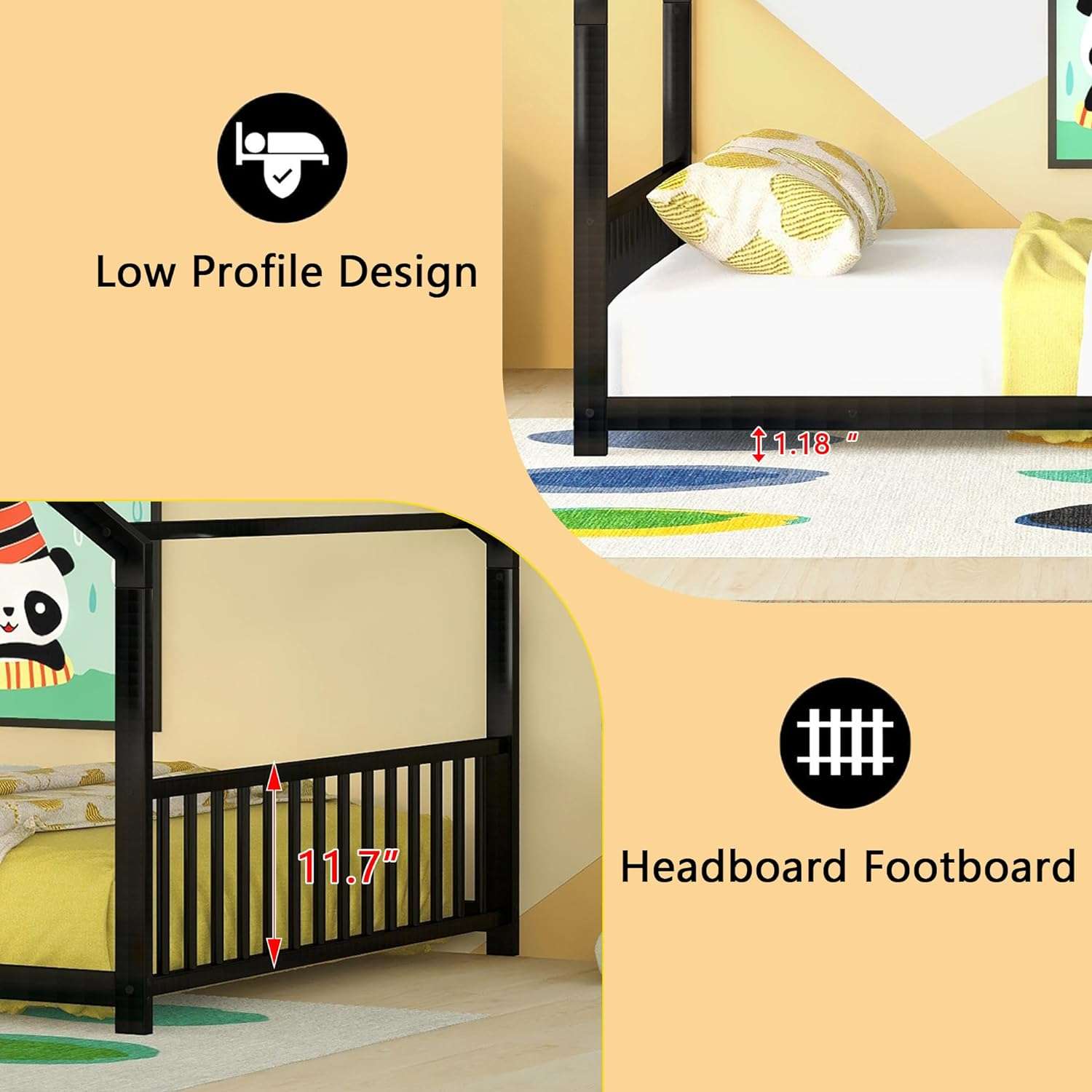 House Beds for Kids, Full Size Floor Bed Frame Metal Montessori Beds with Headboard & Footboard for Children Boys Girls Teens, Black - 5
