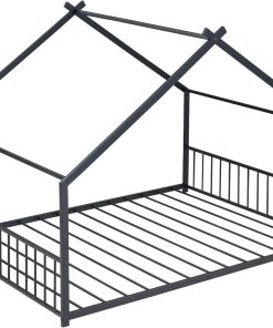 House Beds for Kids, Full Size Floor Bed Frame Metal Montessori Beds with Headboard & Footboard for Children Boys Girls Teens, Black - 7
