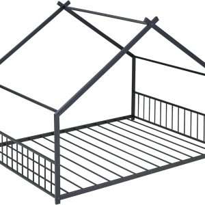 House Beds for Kids, Full Size Floor Bed Frame Metal Montessori Beds with Headboard & Footboard for Children Boys Girls Teens, Black - 7