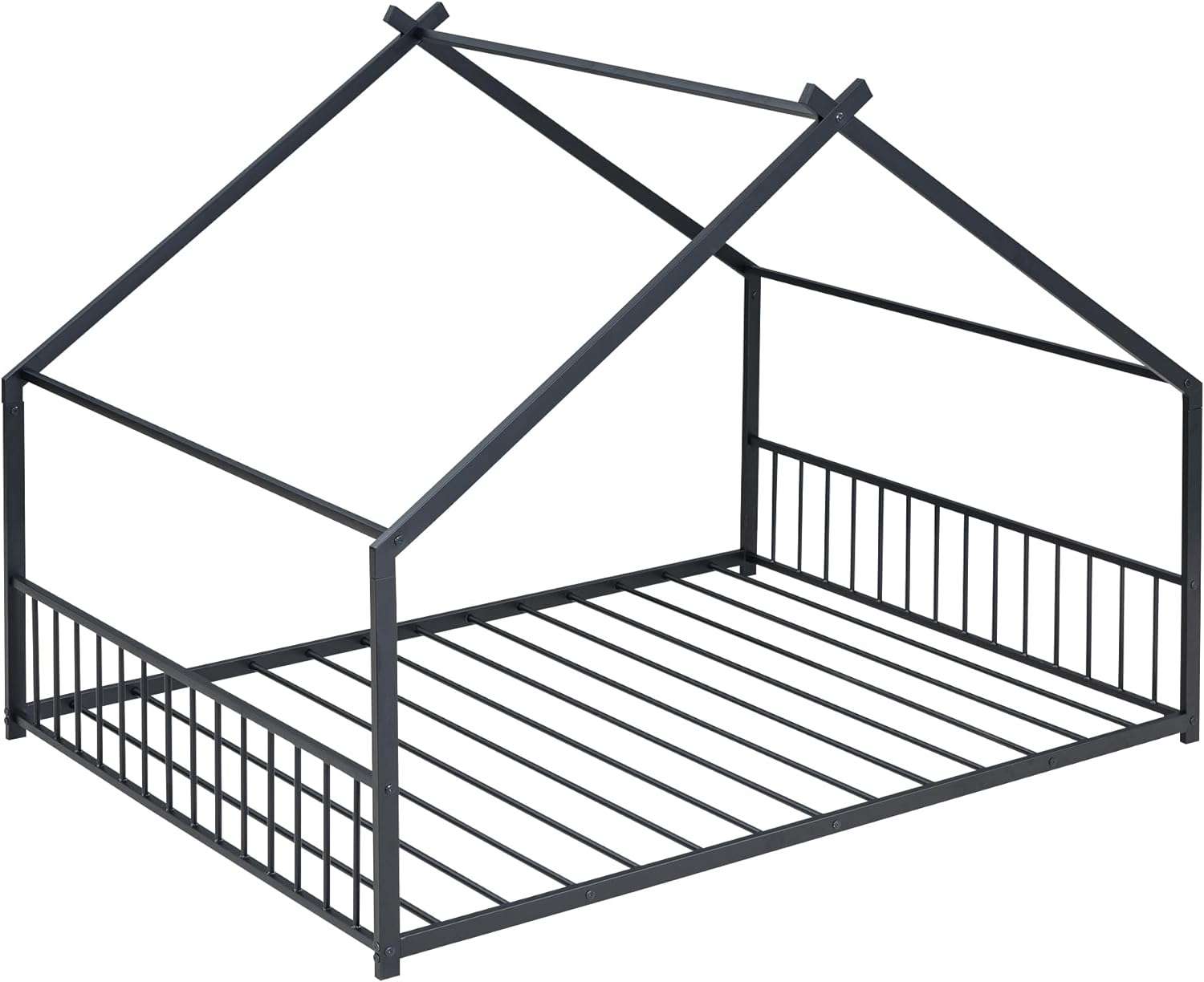 House Beds for Kids, Full Size Floor Bed Frame Metal Montessori Beds with Headboard & Footboard for Children Boys Girls Teens, Black - 7