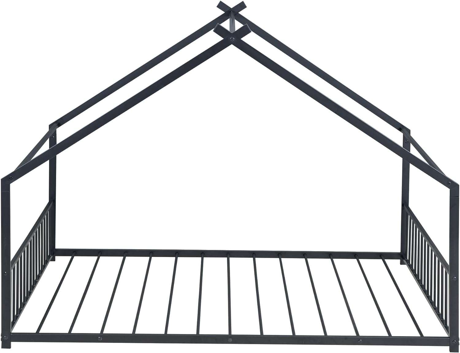 House Beds for Kids, Full Size Floor Bed Frame Metal Montessori Beds with Headboard & Footboard for Children Boys Girls Teens, Black - 8