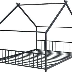 House Beds for Kids, Full Size Floor Bed Frame Metal Montessori Beds with Headboard & Footboard for Children Boys Girls Teens, Black - 9