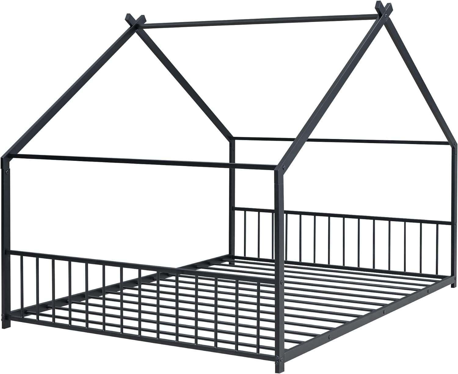 House Beds for Kids, Full Size Floor Bed Frame Metal Montessori Beds with Headboard & Footboard for Children Boys Girls Teens, Black - 9
