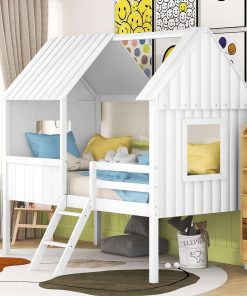Kids House Beds, Low Loft Bed Frames Twin Size, Wood Play House Bed for Girls-Boys-Toddlers, White - 1