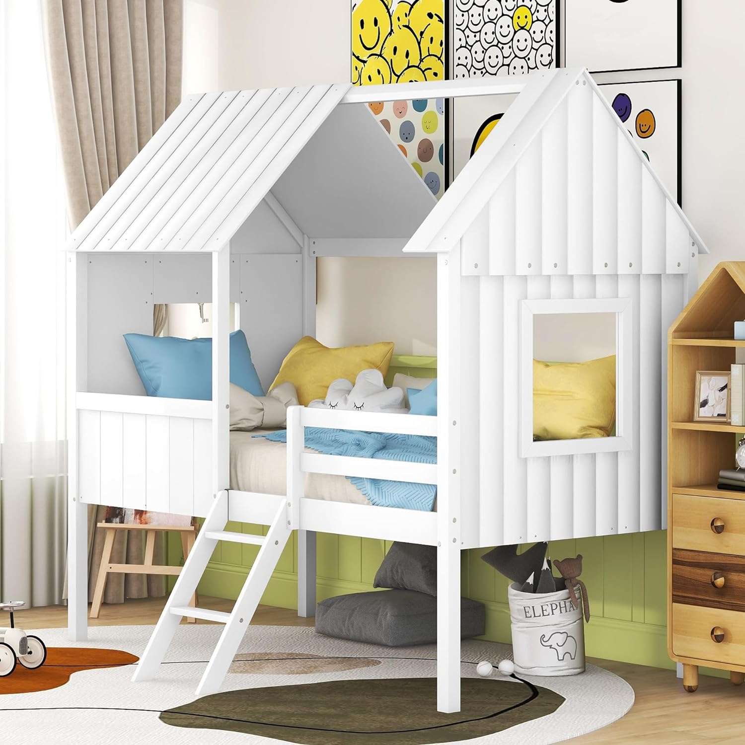 Kids House Beds, Low Loft Bed Frames Twin Size, Wood Play House Bed for Girls-Boys-Toddlers, White - 1