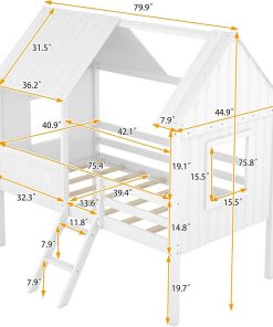 Kids House Beds, Low Loft Bed Frames Twin Size, Wood Play House Bed for Girls-Boys-Toddlers, White - 2