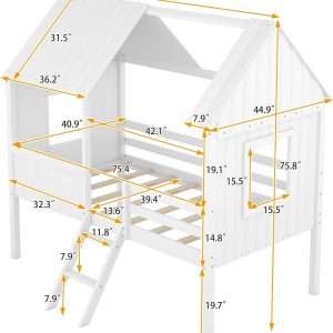 Kids House Beds, Low Loft Bed Frames Twin Size, Wood Play House Bed for Girls-Boys-Toddlers, White - 2