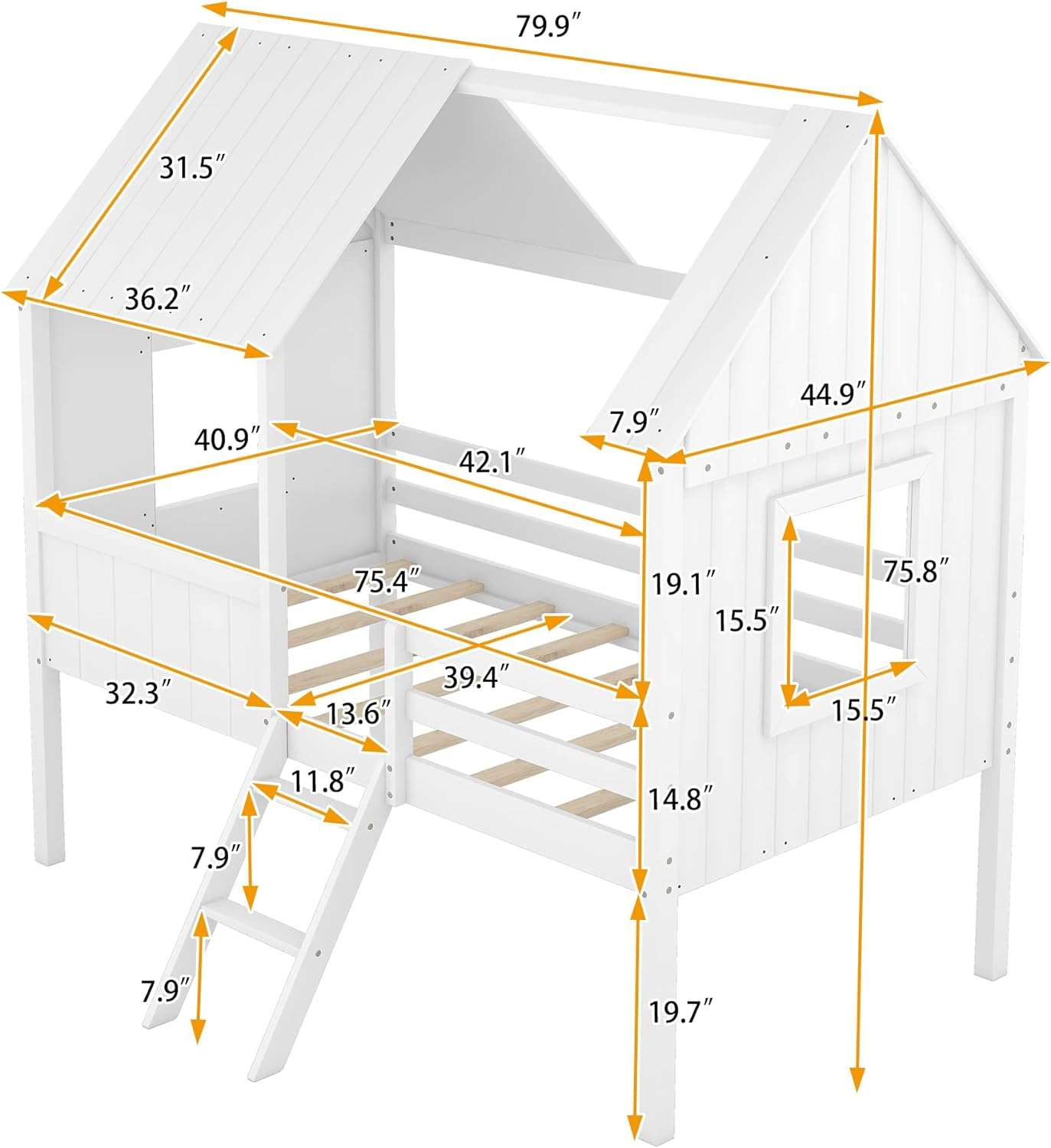 Kids House Beds, Low Loft Bed Frames Twin Size, Wood Play House Bed for Girls-Boys-Toddlers, White - 2