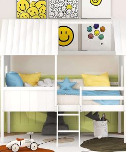 Kids House Beds, Low Loft Bed Frames Twin Size, Wood Play House Bed for Girls-Boys-Toddlers, White - 3