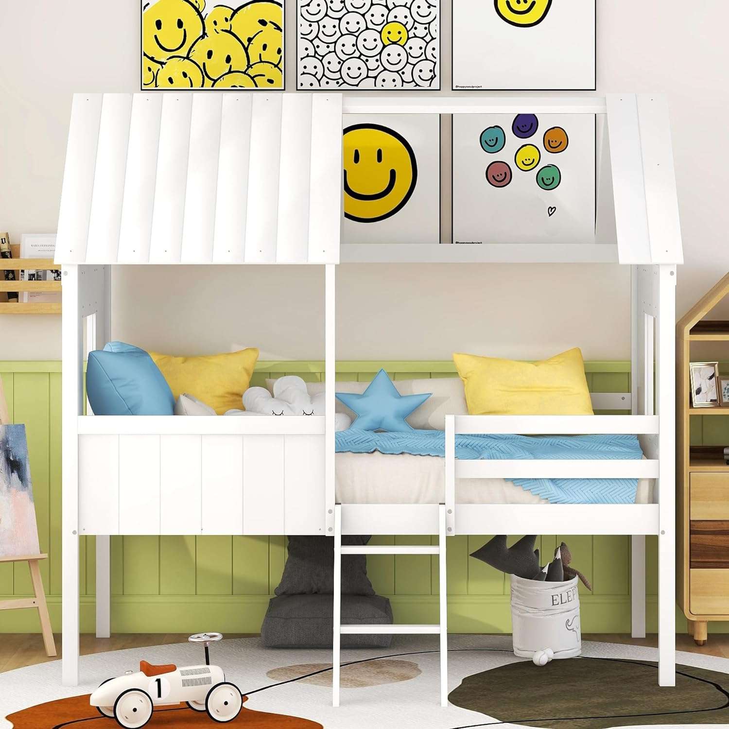 Kids House Beds, Low Loft Bed Frames Twin Size, Wood Play House Bed for Girls-Boys-Toddlers, White - 3
