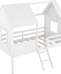 Kids House Beds, Low Loft Bed Frames Twin Size, Wood Play House Bed for Girls-Boys-Toddlers, White - 4