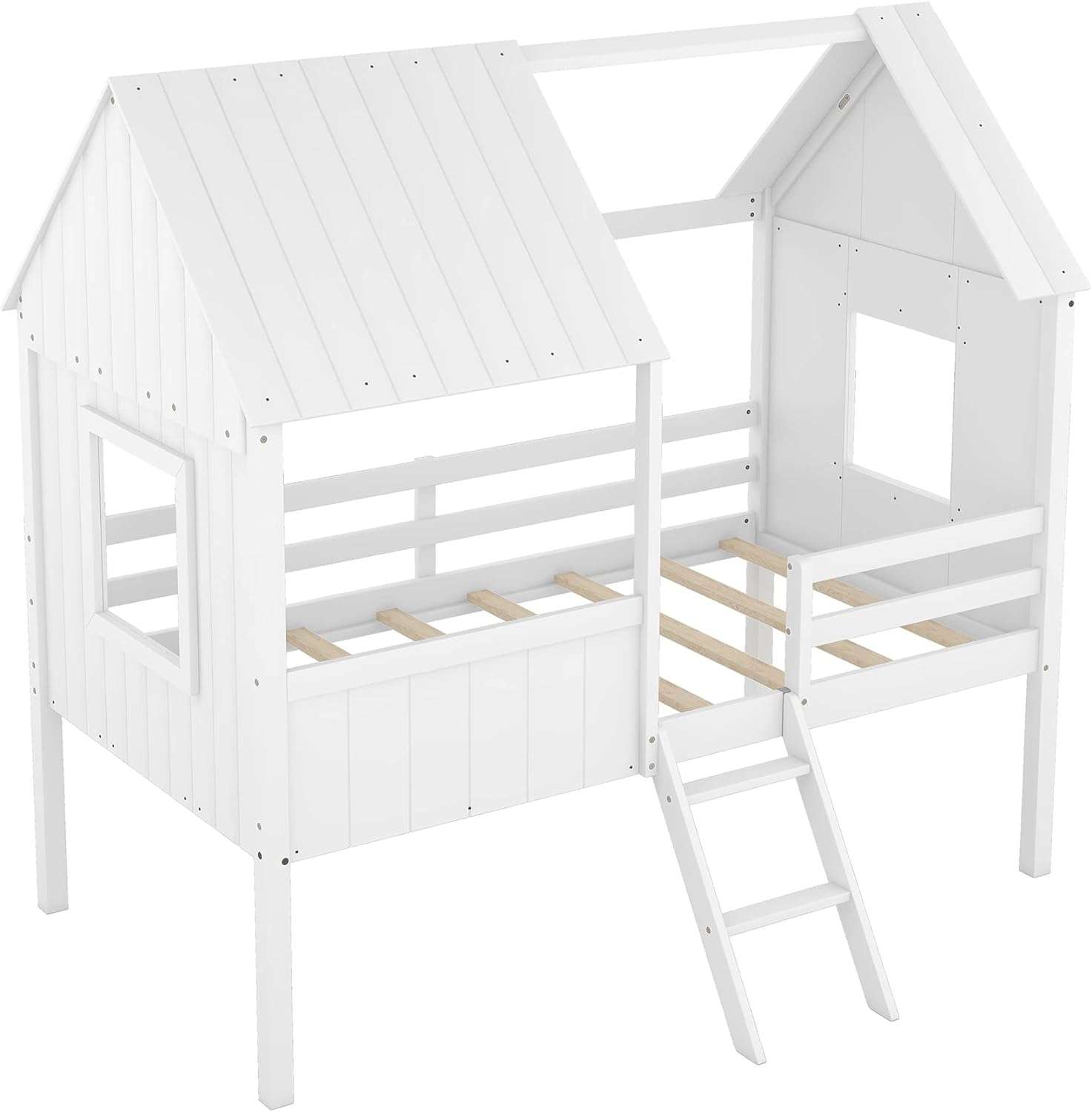Kids House Beds, Low Loft Bed Frames Twin Size, Wood Play House Bed for Girls-Boys-Toddlers, White - 4