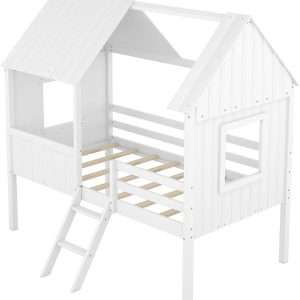 Kids House Beds, Low Loft Bed Frames Twin Size, Wood Play House Bed for Girls-Boys-Toddlers, White - 5