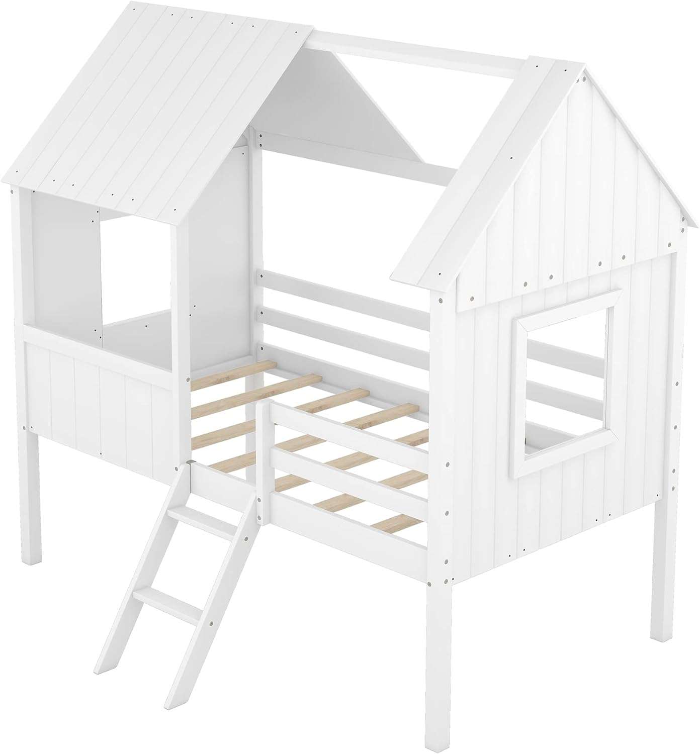 Kids House Beds, Low Loft Bed Frames Twin Size, Wood Play House Bed for Girls-Boys-Toddlers, White - 5