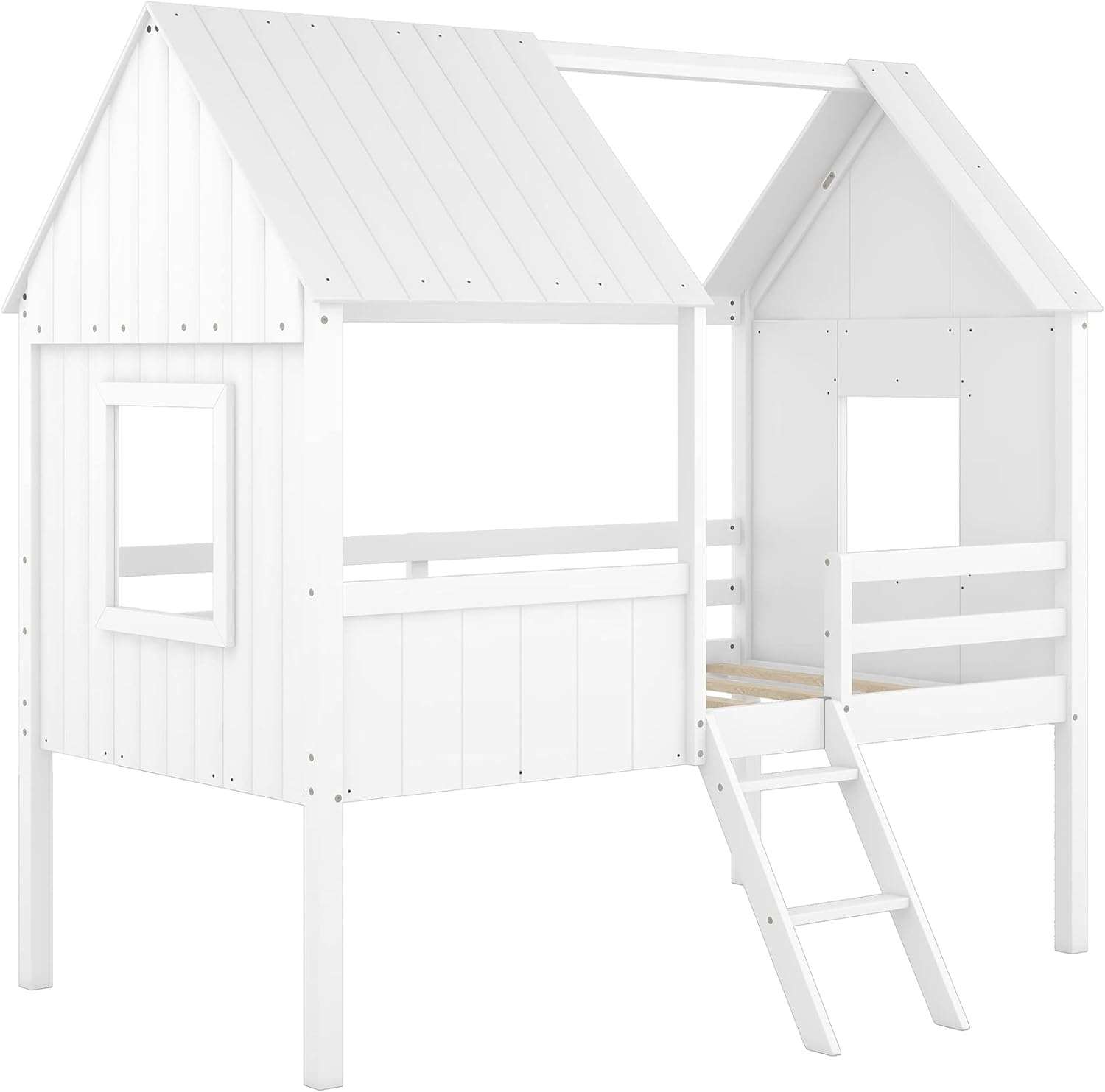 Kids House Beds, Low Loft Bed Frames Twin Size, Wood Play House Bed for Girls-Boys-Toddlers, White - 6