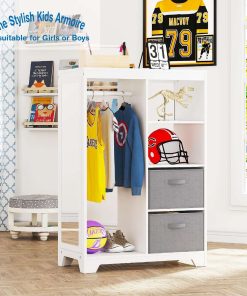 UTEX Kids Dress Up Storage with Full Length Mirror, Kids Armoire with 2 Storage Bins and Open Hanging, Costume Closet Wardrobe for Kids - 4