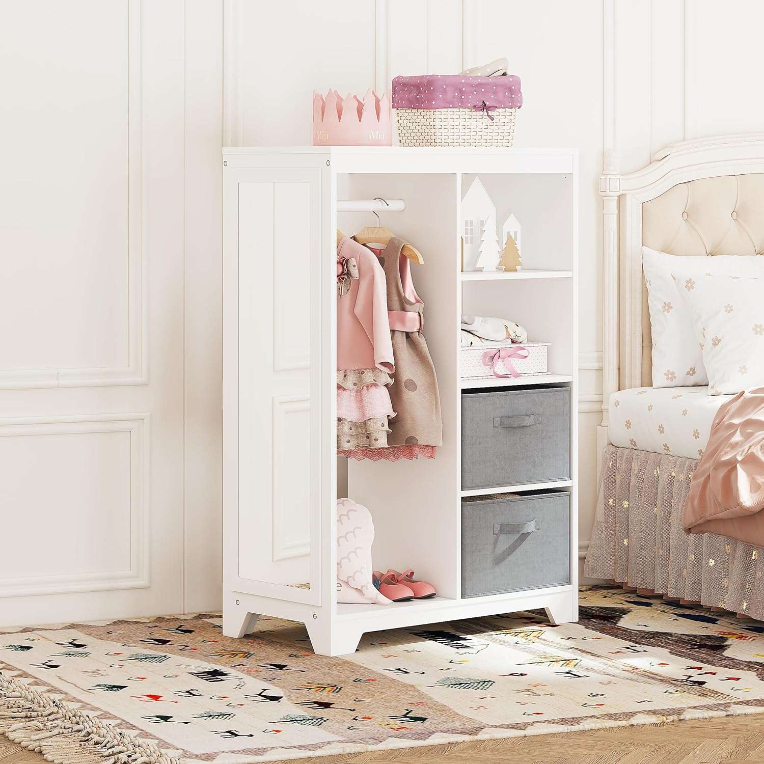 UTEX Kids Dress Up Storage with Full Length Mirror, Kids Armoire with 2 Storage Bins and Open Hanging, Costume Closet Wardrobe for Kids - 5