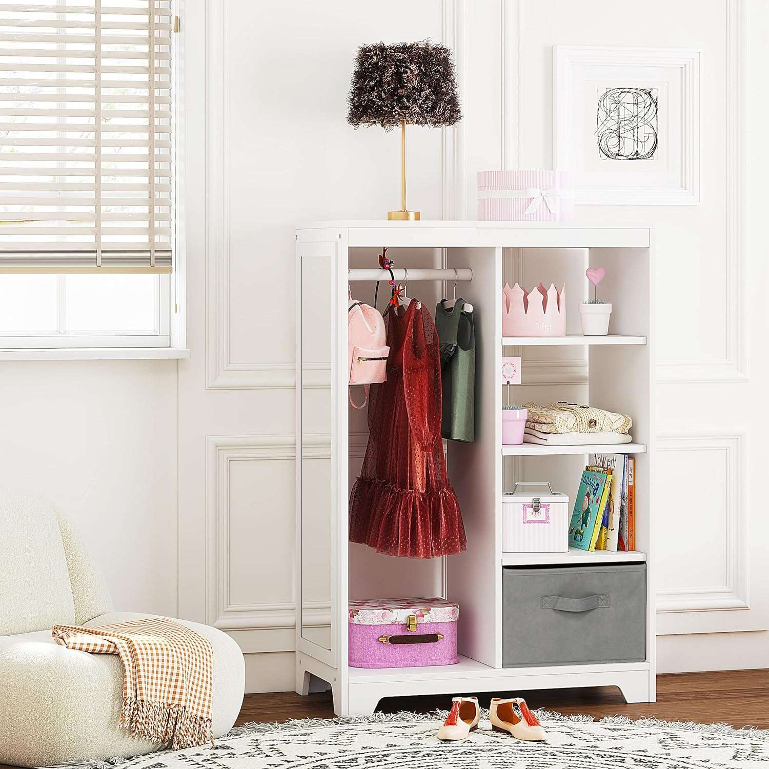 UTEX Kids Dress Up Storage with Full Length Mirror, Kids Armoire with 2 Storage Bins and Open Hanging, Costume Closet Wardrobe for Kids - 7